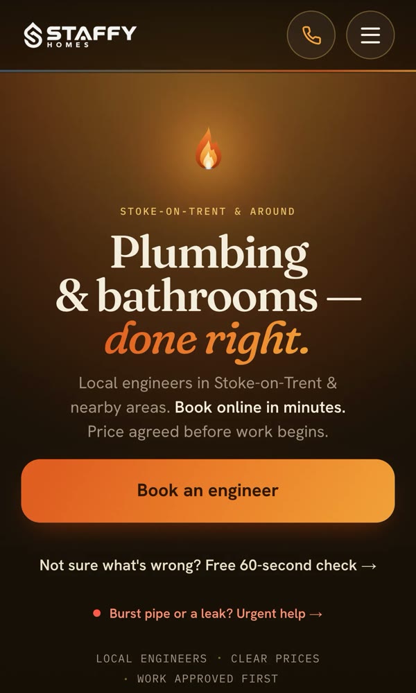 staffyhomes.com on a phone — plumbing and bathrooms, with Book an engineer