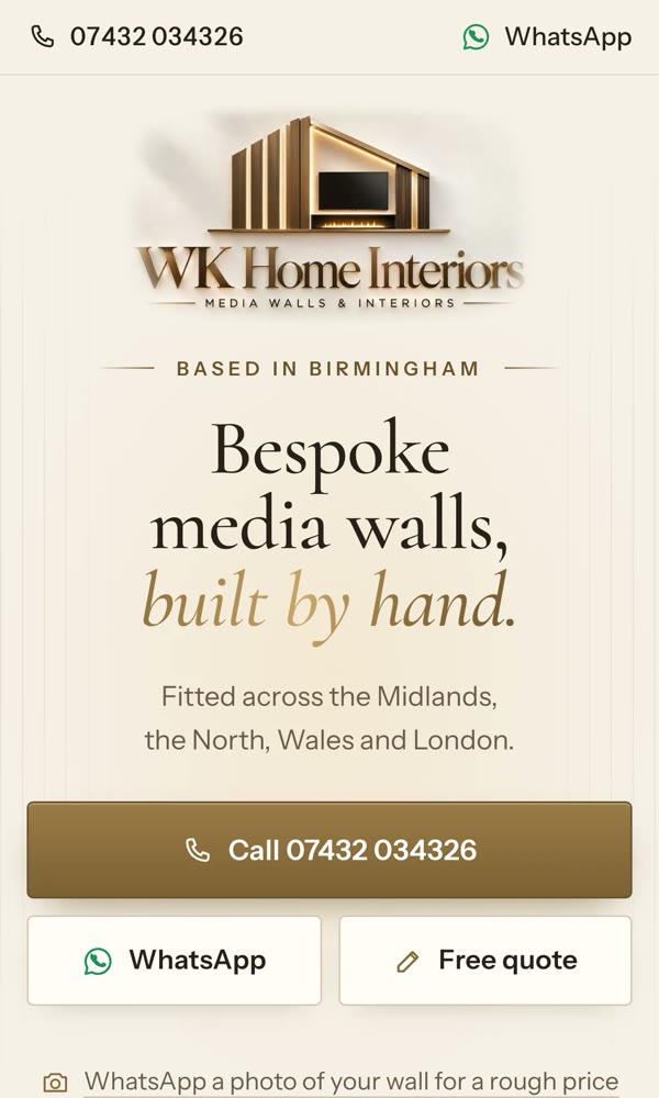 WK Home Interiors' new site on a phone: media walls, with Call, WhatsApp and Free quote