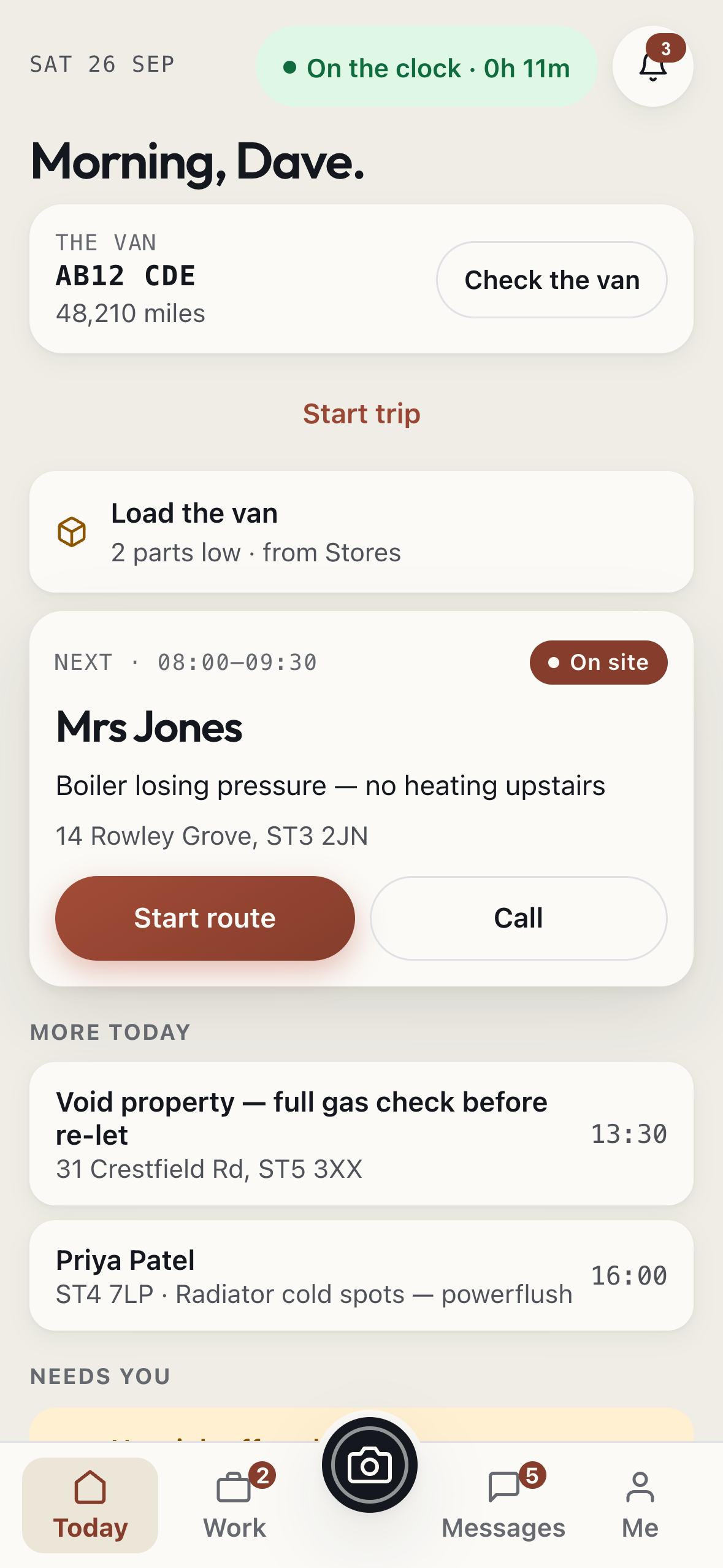 The crew app, Today — the next job, start route and call
